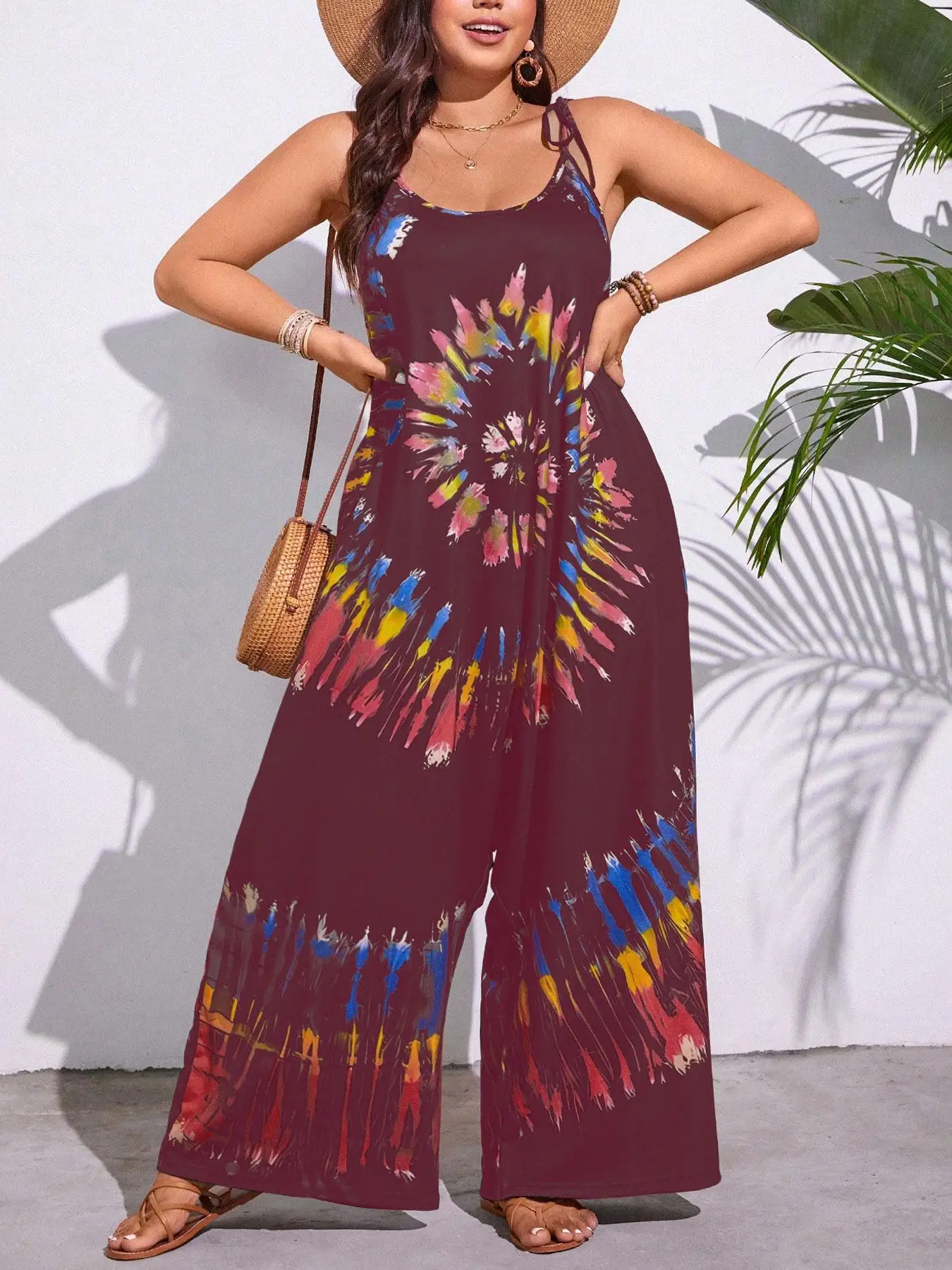 

【Plus Size】 Colorful Print Tie Shoulder Jumpsuit, Casual Patchwork Print Sleeveless Jumpsuit for Summer, Women's Plus Clothing f