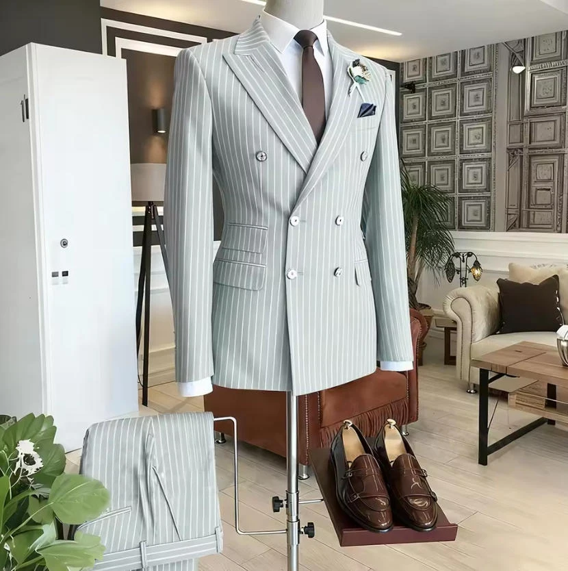 Striped Men Suits Business Double Breasted Formal Outfits 2 Piece Male Clothing Casual Tailored Party Prom Jacket Pants