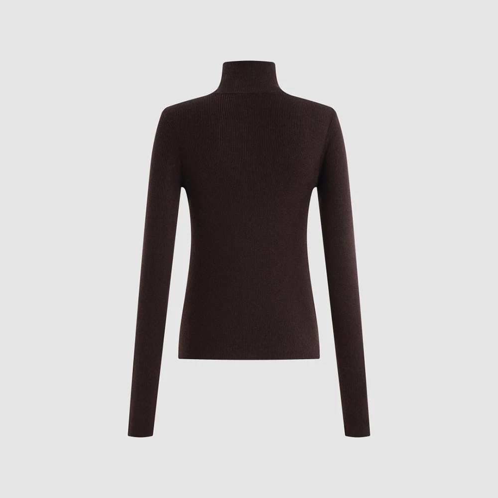 Women 100% Wool Ribbed Knit Top Half Zip Long Sleeve Slim Fit Sweater Thumb Hole Cuffs Ladies Warm Base Layer Pullover Shirt