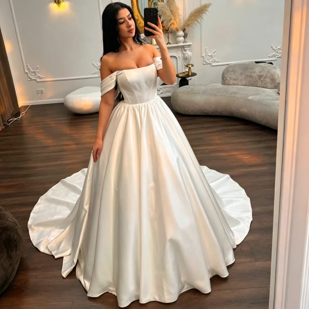 Customized Formal Thick Satin A Line Wedding Dress Off The Shoulder Sweetheart Neck Exquisite Pleats Court Train Bridal Gown