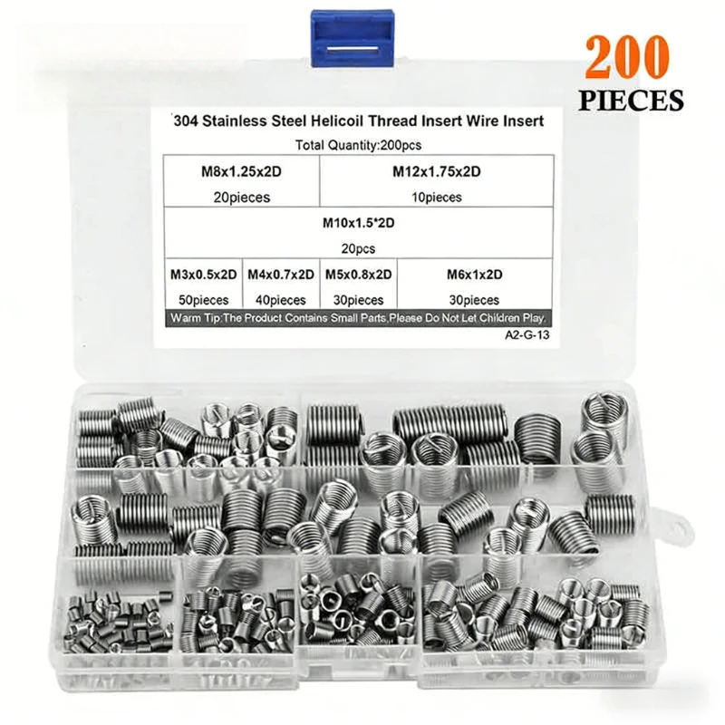 

200pcs M3 M4 M5 M6 M8 M10 M12 Helicoil Thread Insert Wire Insert Kit Stainless Steel 304 Screw Sleeve Thread Recovery Set