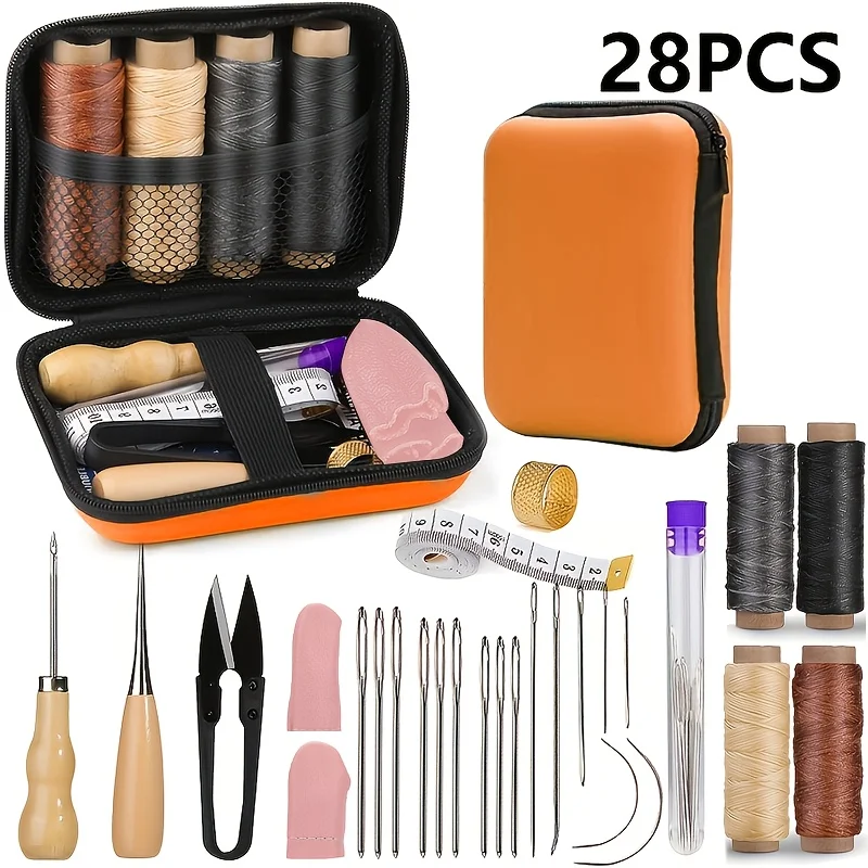 28-Piece Orange Leather Sewing Set - Includes Sewing Awl Sewing Needles Waxed Thread Suitable for Leather Sewing