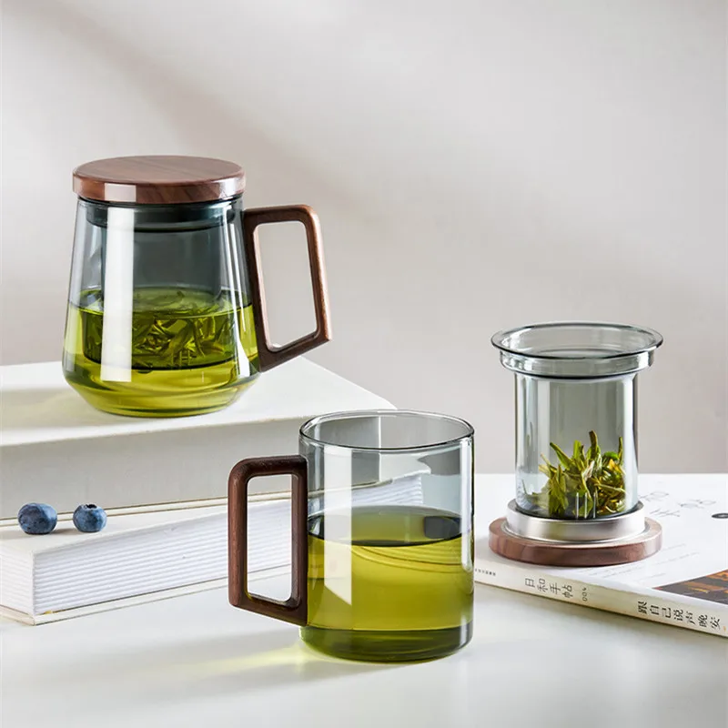 Taza de té de vidrio con infusor de té y colador con tapa, mango de madera, resistente al calor, taza de café, tetera, regalo para hombres, 500ml