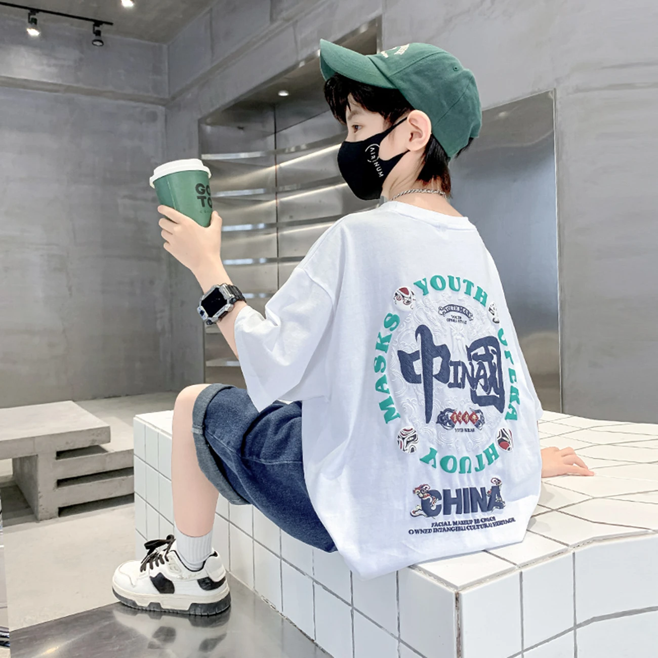 Boys Teen Cool Gradient Color Short Sleeve T-Shirt Summer Loose Fit round Neck Casual Breathable Cotton Printed Top