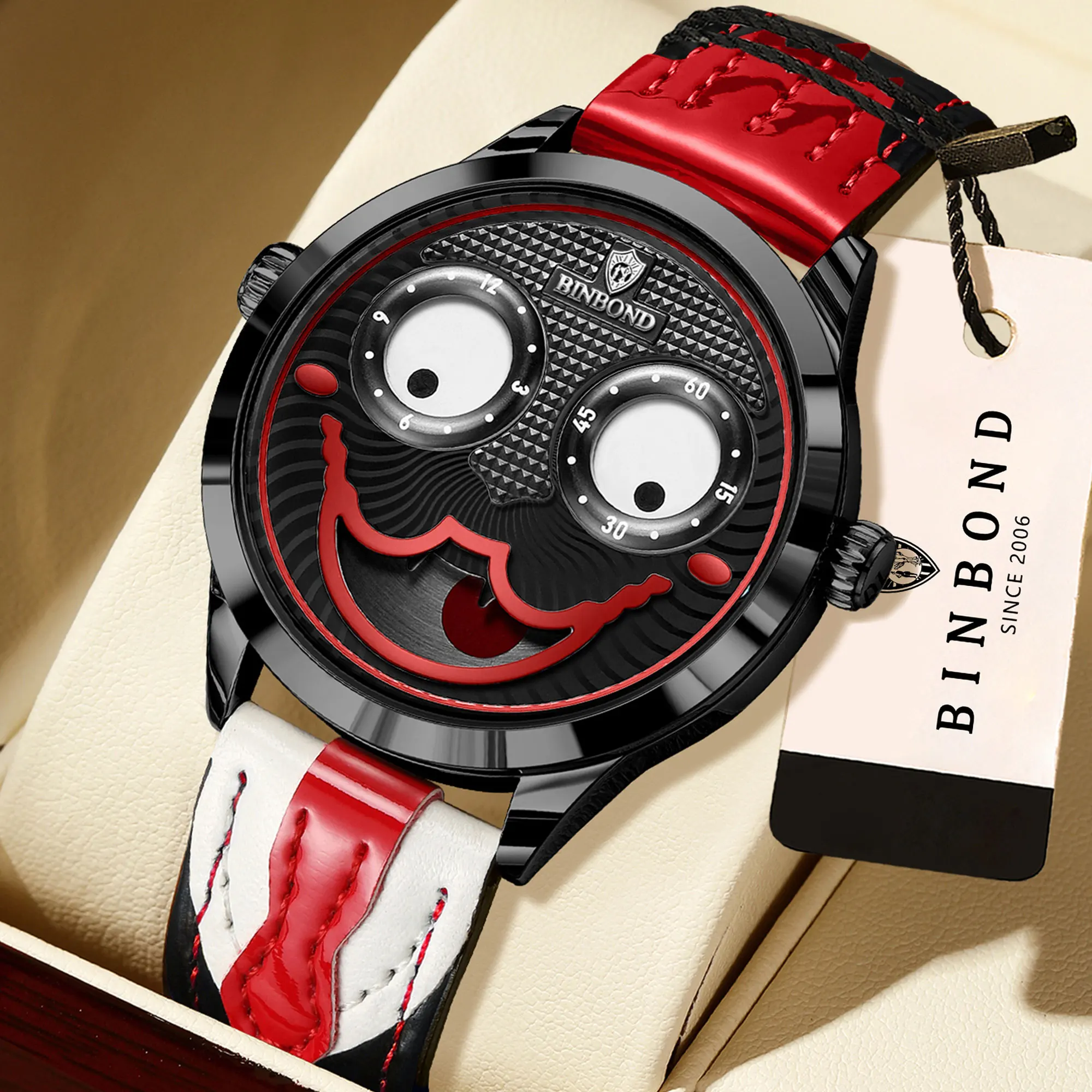 BINBOND Clown Face Men's Watch Precise Quartz Watches for Men Luxury Waterproof Casual Sturdy Leather Wristwatches Reloj