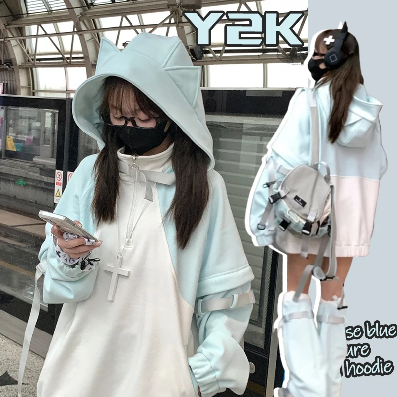 Japanese Subculture Design Sense Hoodies Autumn New Y2k Kawaii Hoodie Suit Blue Sweet Oversized Women\'s Loose Casual Clothing