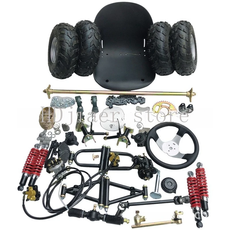 

Self-made modified go-kart with one drag, three disc brakes and four wheels, front and rear suspension of accessories