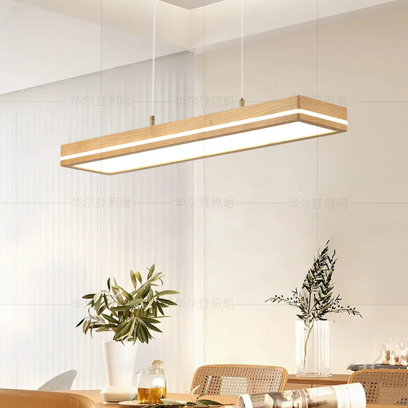 Wooden style restaurant pendant light, white wax wood long strip full spectrum eye protection study pendant light