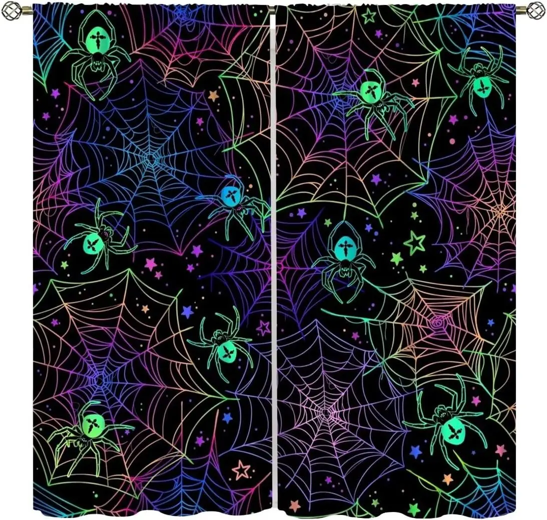 Black Rainbow Spider Star Curtain 2 Panels, Colorful Spider Web Neon Halloween Decor Print, Drapes for Horror Bedroom Curtain