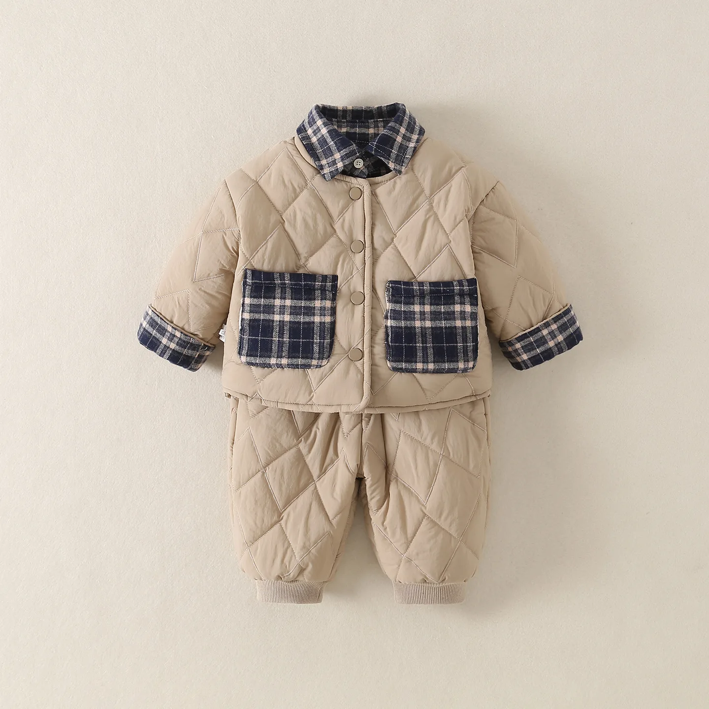 Bellbell Winter Kids Boys 2Pamajas Set 9M-3Y Baby Boys Plaid Pocket Padded Homewear Coats Suit Loose Thick Warm Toddler Boy Pant