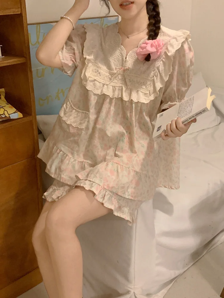 Lace New Print Soft Floral Flowers Sweet Short Sleeve Summer Pajama Set Women Vintage Real images Loose Half Pants Sleepwear Ins