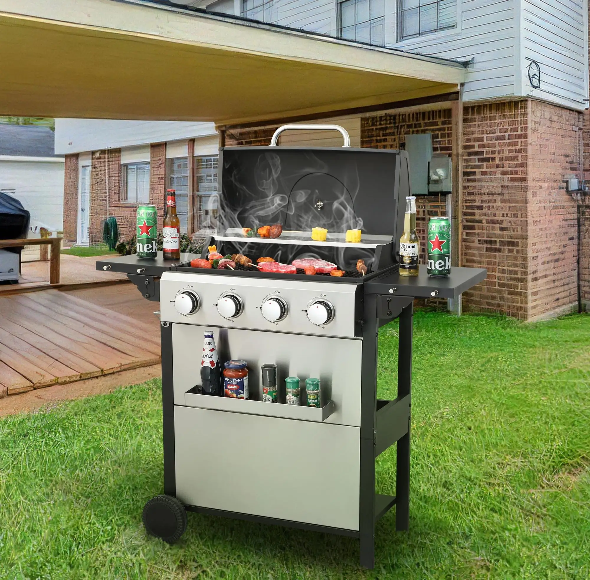 

4-Burner Propane Gas BBQ Grill, 34200BTU Output With Wire Enamel Cooking Grids For Outdoor Barbecue, Foldable Side Table