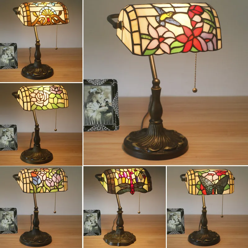 Rosa lâmpada de mesa quarto cabeceira led luzes leitura casa luminaria decoração tiffany vitral luminária puxar interruptor