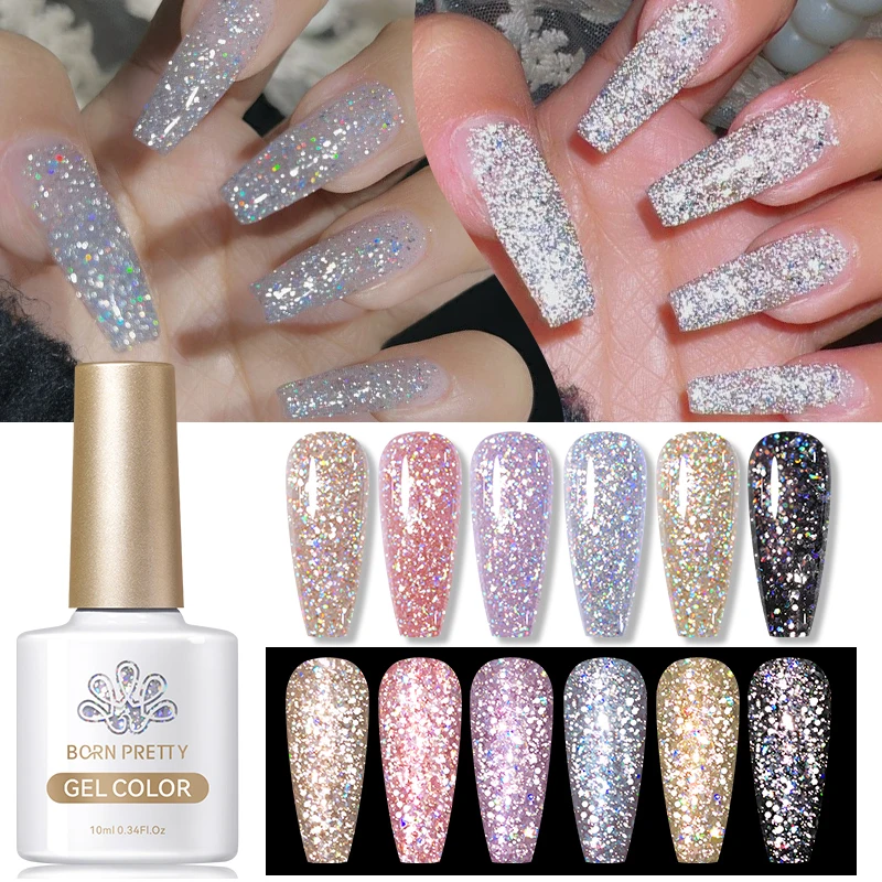 BORN PRETTY 10ml Champagne Silver Glitter Reflective Nail Gel Polish Sparkling Holographics Semi Permanent UV Gel Nail Art Gel