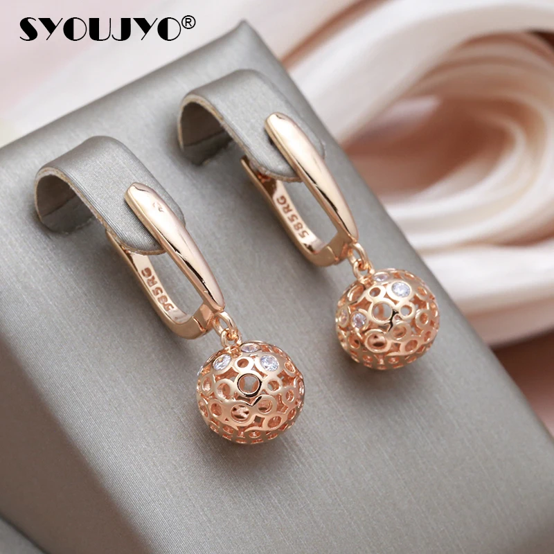 SYOUJYO 585 Gold Color Ball Drop Earrings For Women Fashion Natural Zircon Jewelry Vintage Bride Wedding Dangle Earrings