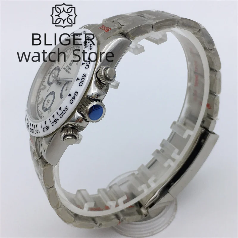 Bliger39mm Quartz Men Watch VK63 Movement Motion Multifunctional Time Meter Commercial Sapphire Glass Ceramic Bezel Steel Strap