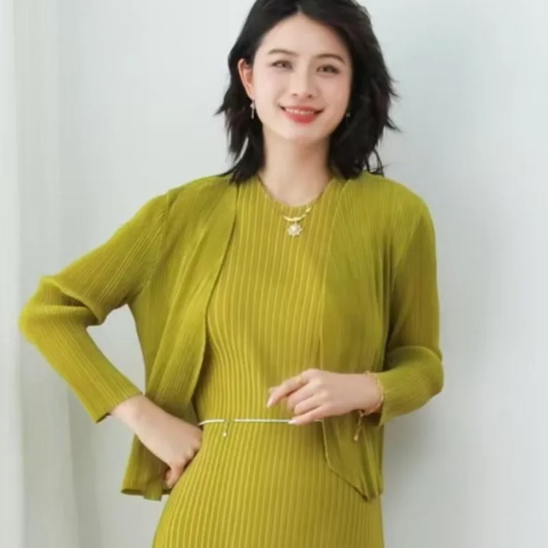 Miyake 2026 Klassieke Nieuwe Tops Dames Casual Eenvoudige Losse Peplum Lange Mouw Vest Tuniek Elegante Comfortabele Stretch Kleding