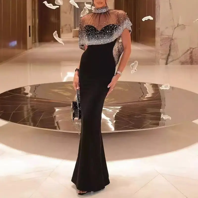Recién llegado, vestido negro sin tirantes con capa transparente de diamantes de imitación de estilo francés, vestido de noche de fiesta elegante a la moda