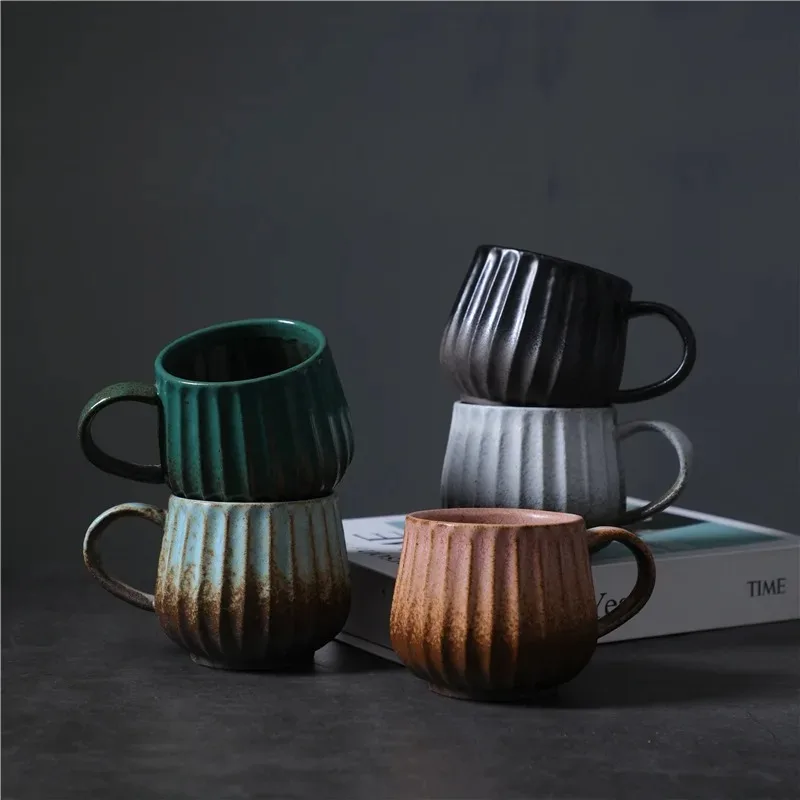 Vintage Vertical Striped Ceramic Mug 380ml Kiln Change Retro Coarse Pottery Coffee Cup Water Cup Home Office Breakfast Drinkware