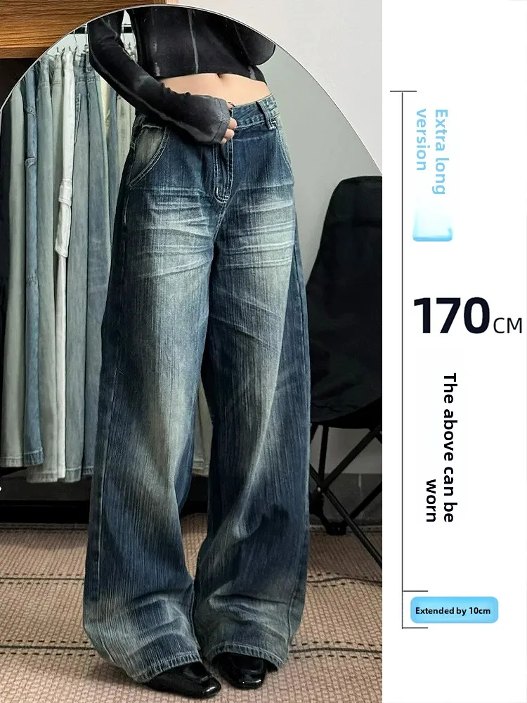 

Extended Length Women's Denim Pants High Waist Wide Leg Loose Fit Casual Winter Blue Jeans Vintage Sle Drapey Sle