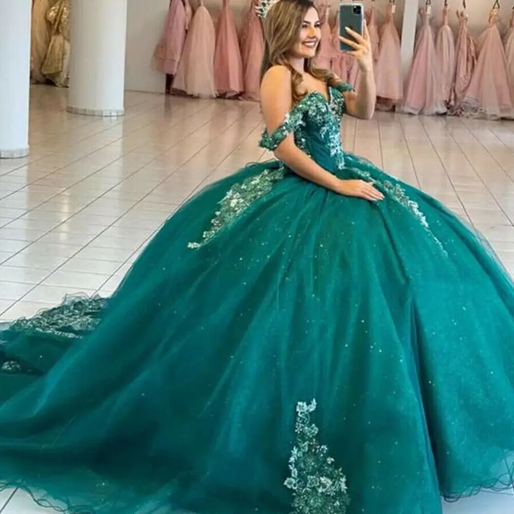 ANGELSBRIDEP Ballkleid Smaragd Grün Glitter Spitze Quinceanera Kleider Off Schulter Appliqued Perlen Süße 15 16 Prom Ballkleid