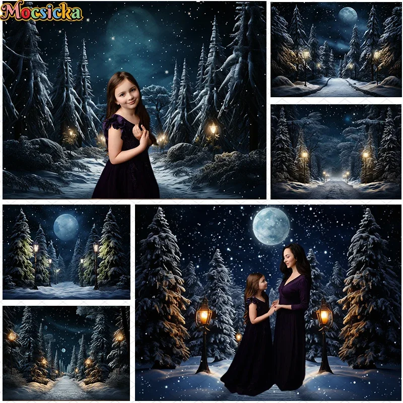 

Winter Xmas Forest Backdrops Night Starry Sky Snowflake Decor Props Kids Portrait Holiday Party Studio Photography Backgrounds