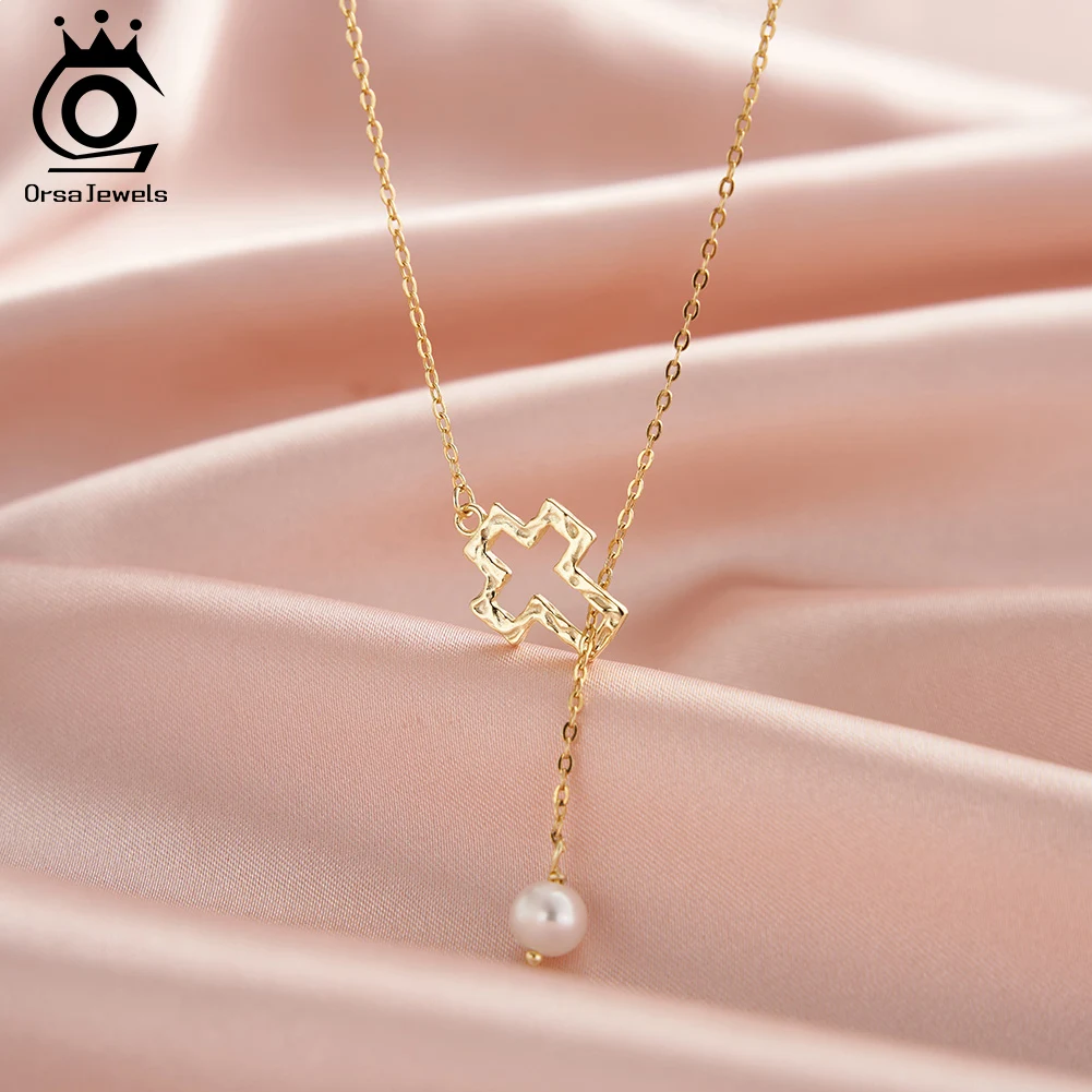 

ORSA JEWELS Natural Freshwater Pearl Long Chain Pendant Chunky Necklace Gold-plated Vintage Cross Cut Charm Necklaces OGPN76