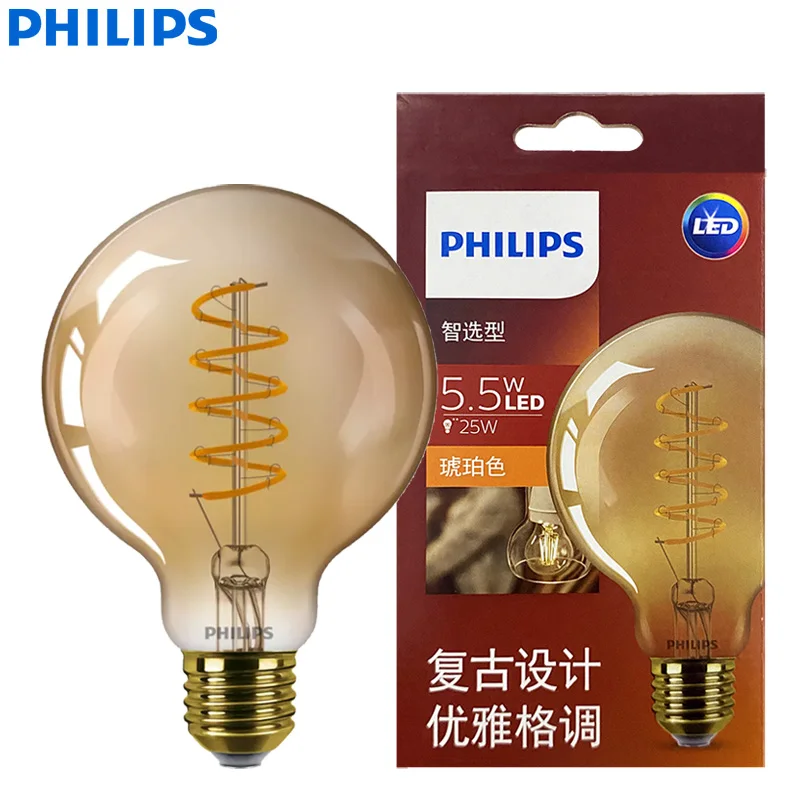 

Philips LED G93 Классическая декоративная большая шариковая лампа накаливания 5,5 Вт (25 Вт) E27 220-240 В Лампа 2000 К Теплый свет с регулируемой яркостью Янтарно-золотой светодиод