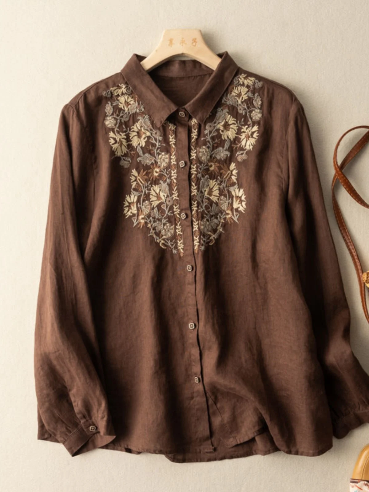 Artistiek Vintage Geborduurd Losvallend Linnen irt Dames Faion Afslanken Casual Binnenkleding Lente Seizoen Lang Sve