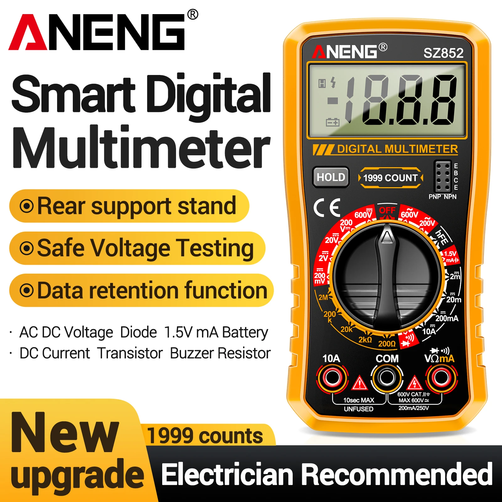ANENG SZ852 Digital Multimeter 1999 Counts AC/DC Voltage/Current Resistance Battery Multi Parameter Measurement Electrical Tool