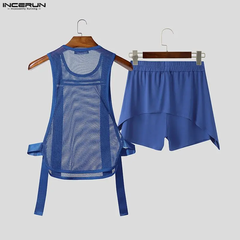 INCERUN Men Sets See Through Mesh Patchwork Tank Tops & Shorts Two Pieces Sets Streetwear Sexy Summer 2026 Casual Men's Suits - view 5