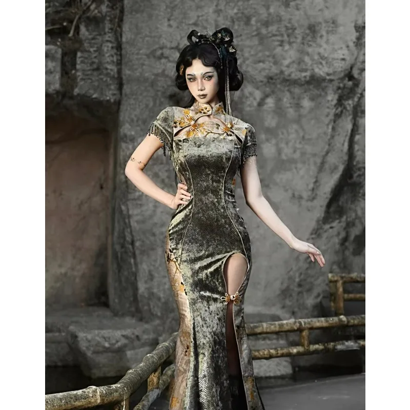 FallenVex Store Ladies New Chinese Style Jacquard Cheongsam Long Dress Tassel Band Slim Mermaid Silhouette High Slit Formal