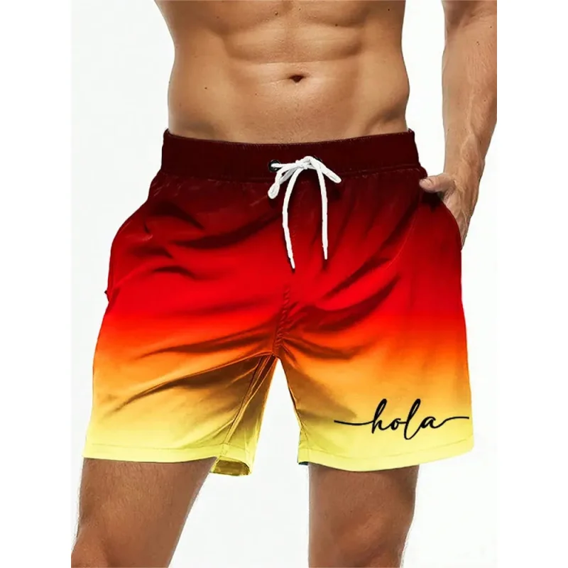 

Гавайские повседневные мужские шорты с карманами и шнурком. Быстросохнущие дышащие шорты с градиентными буквами. 3D-печать.