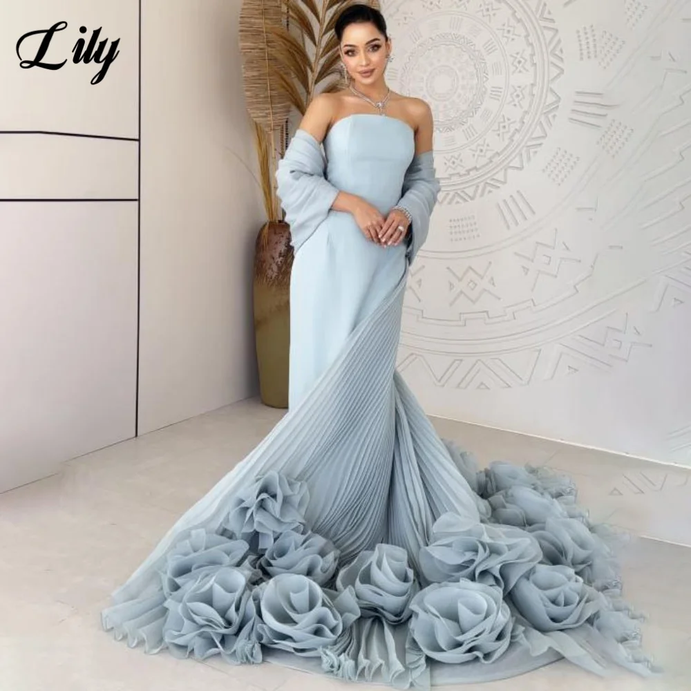 فستان حفلات من Lily Sky Blue بسيط مع أكتاف مكشوفة فستان حفلات بوق مشد خلفي مع زهور للمناسبات الخاصة حسب الطلب