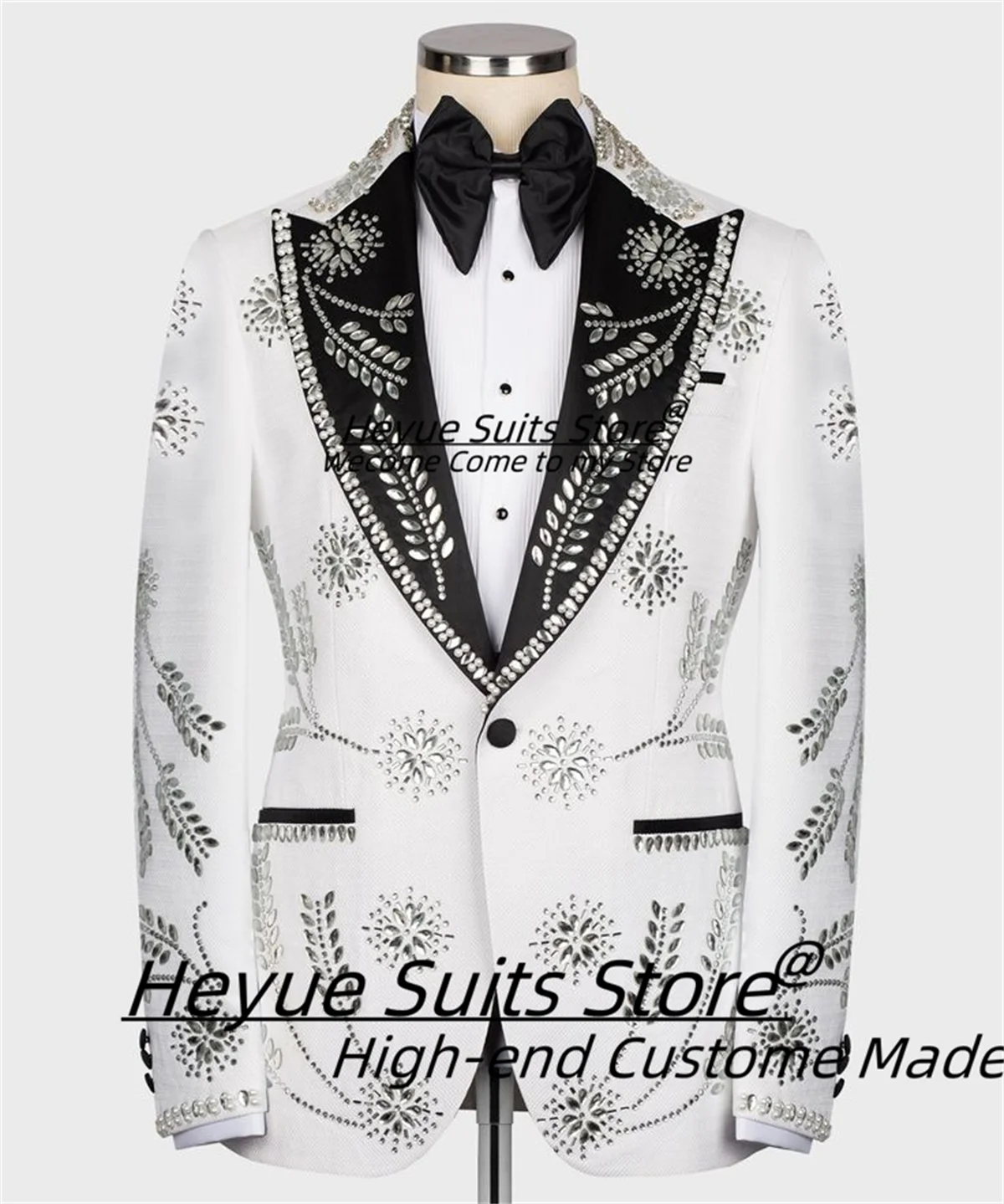 

Luxuly Shiny Diamond Men Suits Customized Slim Fit Peak Lapel Groom Wedding Tuxedos 2Pieces Sets Male Prom Blazers Costume Homme