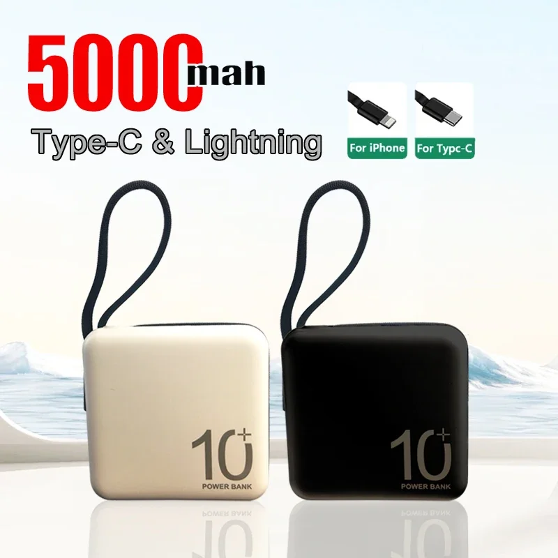 5000mAh Power Bank Mini Fast Charger External Auxiliary Battery Powerbank Built-in Cable Portable for iPhone 14/SamSung