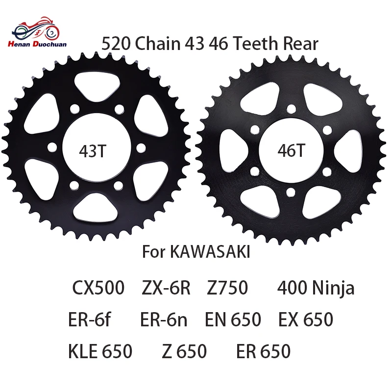 520 Moto 43T 46T Rear Sprocket for KAWASAKI CX500 ZX6R ZX600 ZX636 Z750 ZR750 400Ninja ER6f ER6n EN650 EX650 KLE650 Z650 ER650