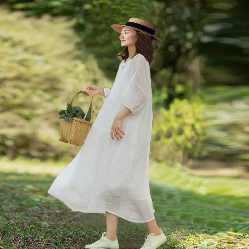 E Vestido Largo Hoado de Lino de Aodón Blanco, Estilo Bohemio, Color Puro, Manga Larga, Capucha, Informal, Cómodo,...