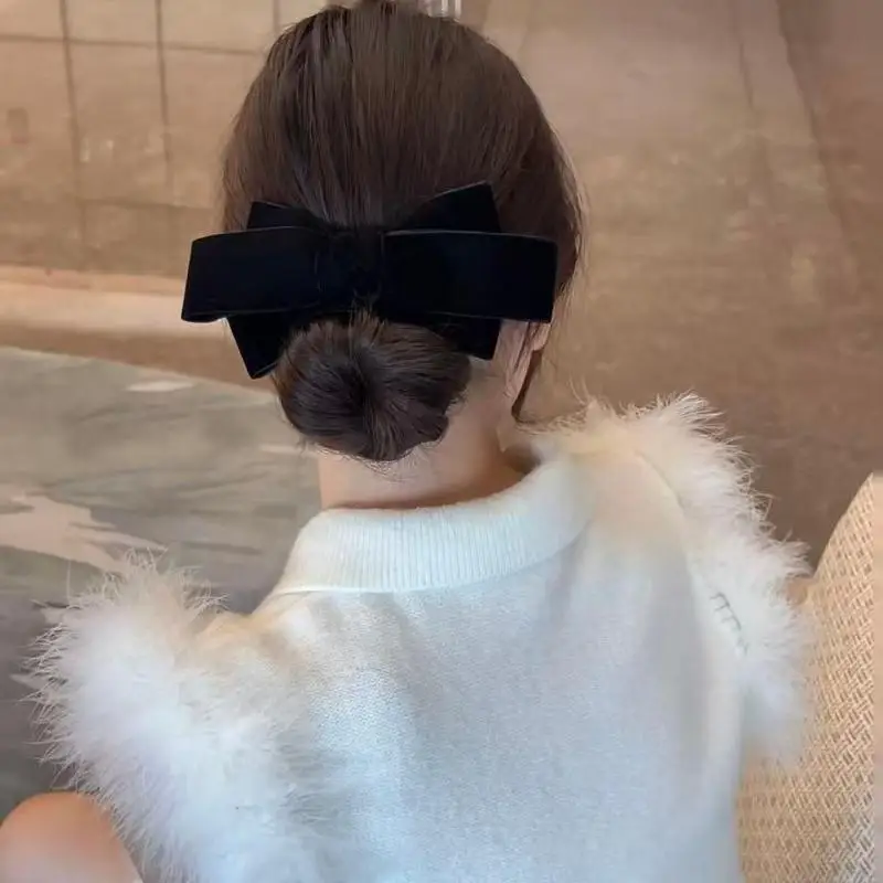 Zwart fluwelen strik haarclip grote satijnen strik haarspeld retro elegant haaraccessoire voor vrouwen achterkant van het hoofd haarspeldje