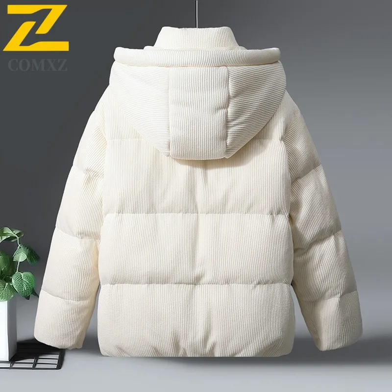 COMXZ Men Padded Jacket Solid Color Warm Thick Korean Style Commuting Parker Coat Street Cold-Resistant Windproof Winter Jacket