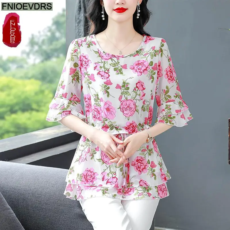 S-4XL Frauen Blume Blumen druck lange Tunika Kordel zug Schnür Chiffon Hemd Blusen Fliege Retro Vintage lose Schößchen Tops