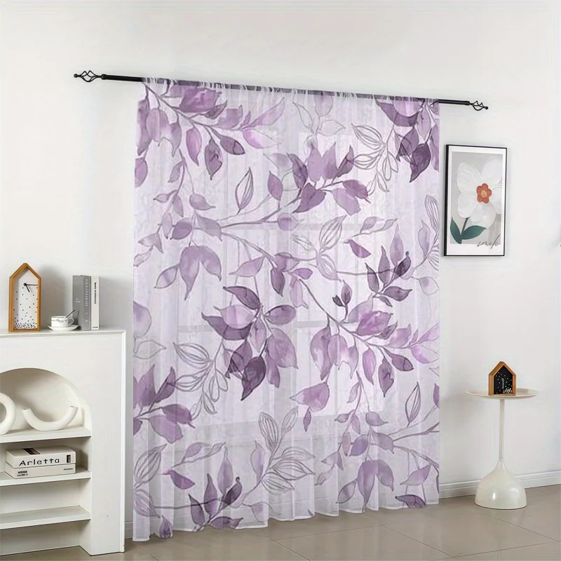 Elegant Purple Watercolor Floral Leaf Curtains Sheer Botanical Window Dressing Panel for Nursery Bedroom Living Room
