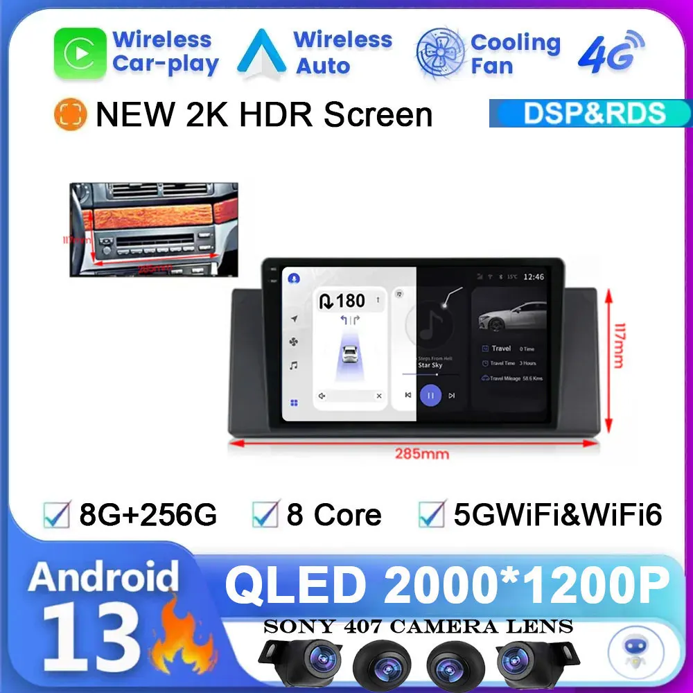 

Автомобильный беспроводной плеер Raido CarPlay, система Android 13, автомобильное радио для BMW 5 E39 1995 - 2003 E53 X5 M5, мультимедийный GPS-навигатор