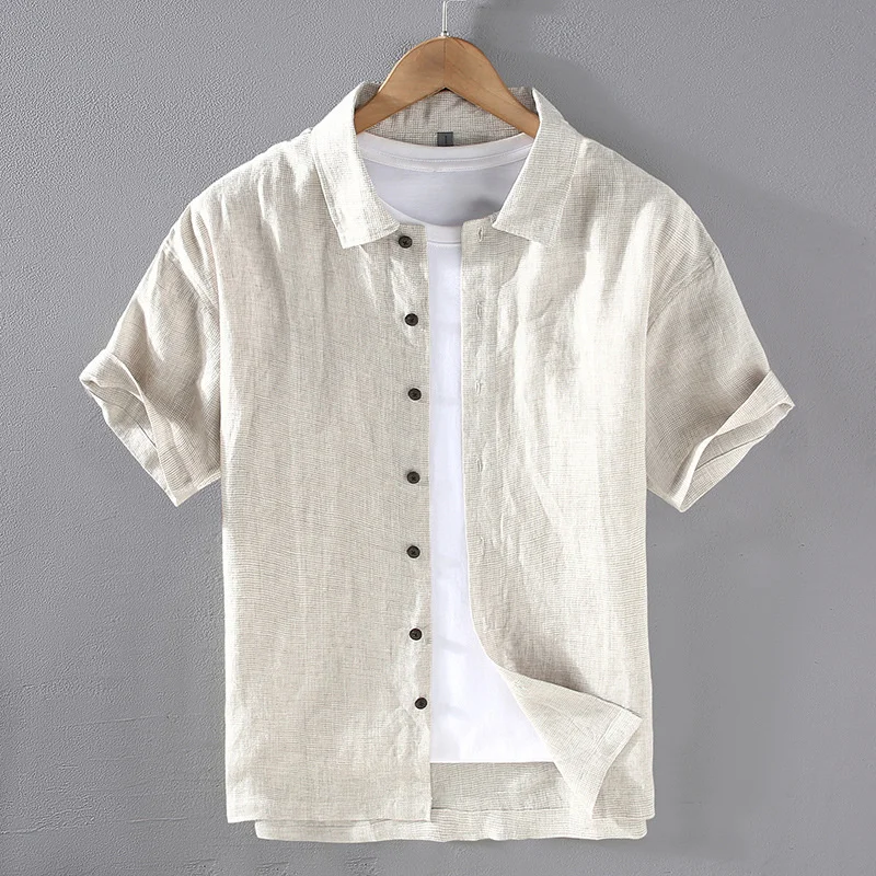 Yarn Dyed Fine Plaid Linen Short Sleeve Shirt For Men Chinese Styles Summer Sold Color Thin Breathable Trend Casual Blouses Tops