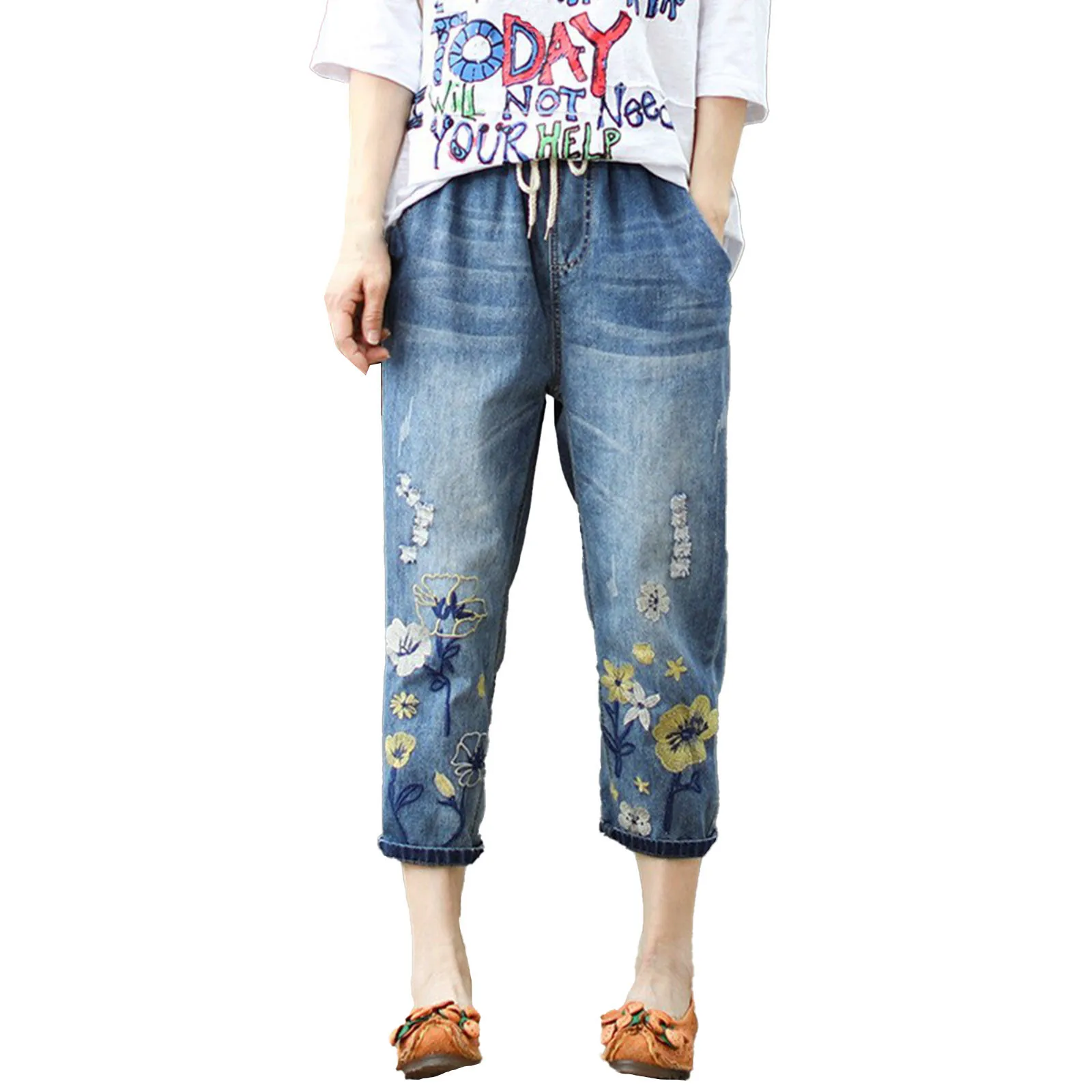 

Women Casual Comfortable Literary Embroidery Elastic High Waist Drawstring Cutting Pants Jeans Female Denim Cropped Trousers