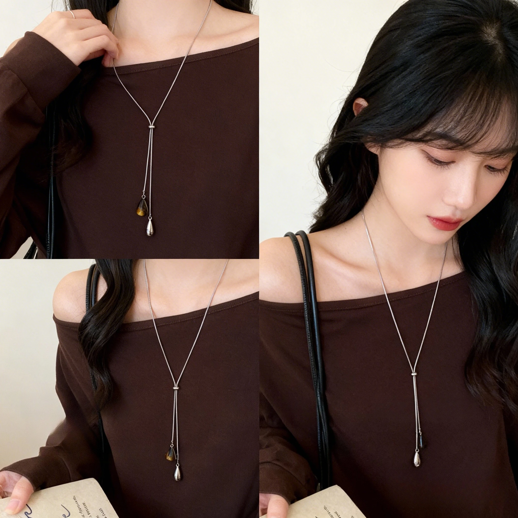 Tiger's Eye Speckled Water Drop Necklace for Women 2025 New Design Sense Sweater Chain Fashion Accessory Autumn Jewelry Goth US