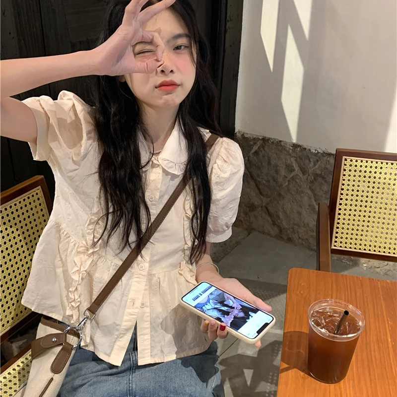 

Shirts Women Kawaii Ins Collar Literary Summer New Age-reducing Popular Korean Style Girlish Loose Casual Aesthetic Solid 2025