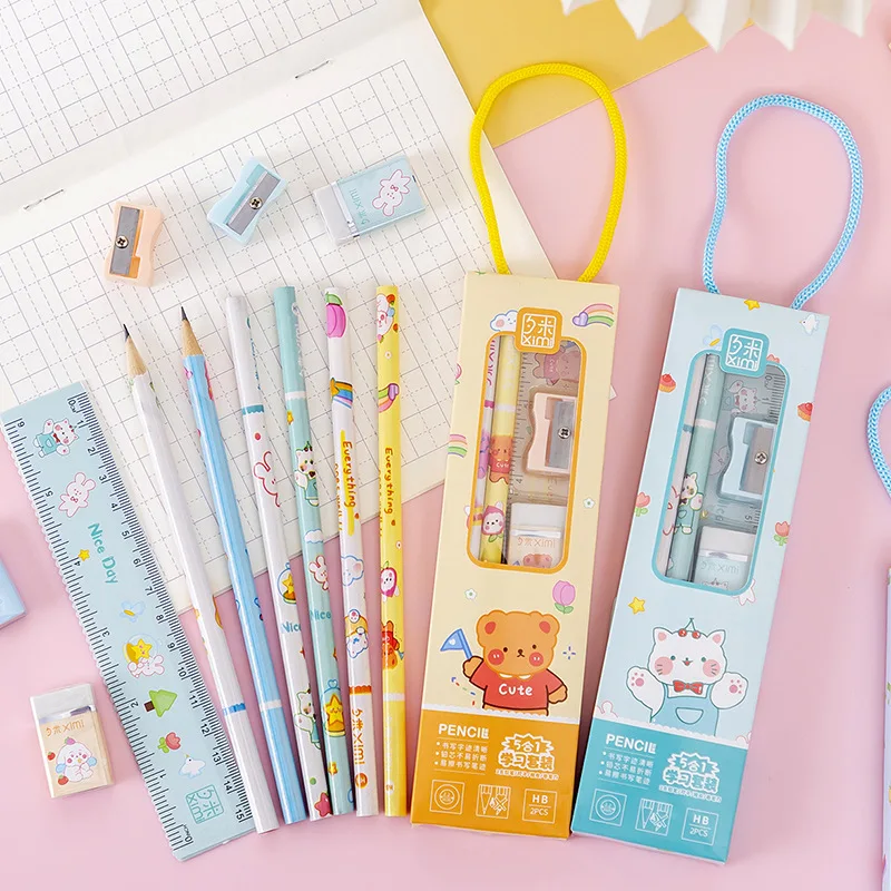 16Set Cute Pencil Ruler Sharpener Set Portable Stationery Set Animal Cartoon Children Student School Supplies Stationery Gifts