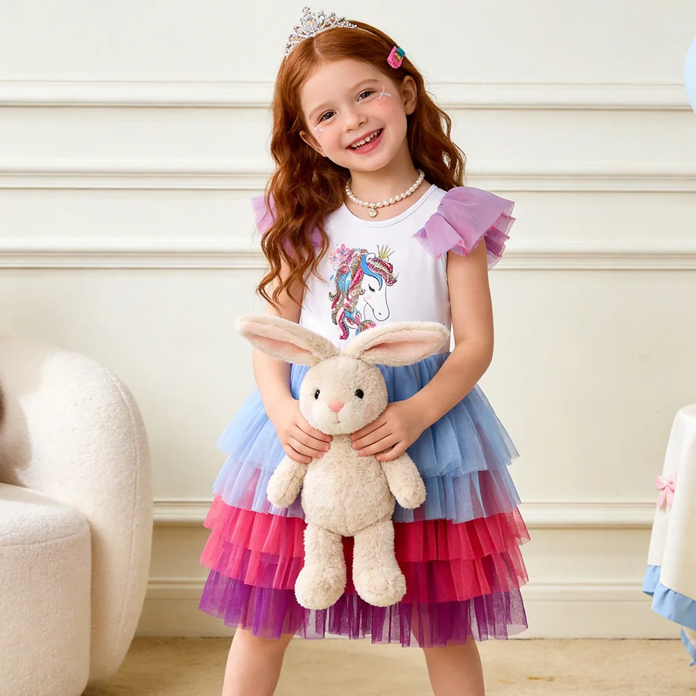 VIKITA Teenagers Girls Licorne Sequined Appliqued Cartoon Dress Kids Colorful Tiered Tulle Layered Tutu Dresses for Summer 3-12Y