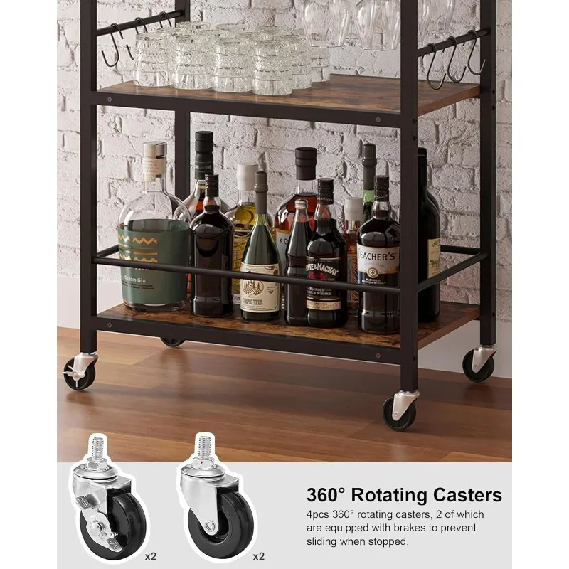 Home Bar Serving Cart,Drink Cart, Mobile Kitchen Shelf with Wine Rack and Glass Holder